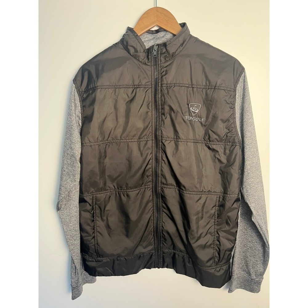 Topgolf Mens Hybrid Full Zip Golf Jacket Black Gray Quilted Mock Neck Medium‎